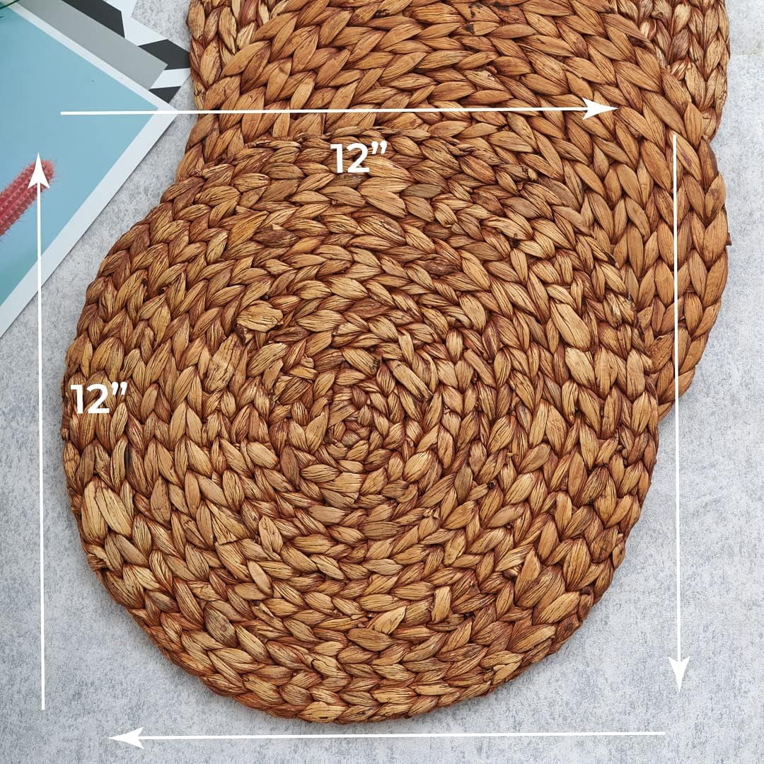 VASGOR 12" Brown Woven Placemats Round Set Of 6 - Natural Water Hyacinth Weave Placemat for Dining Table, Large Handmade Placemats Heat Resistant Non-Slip