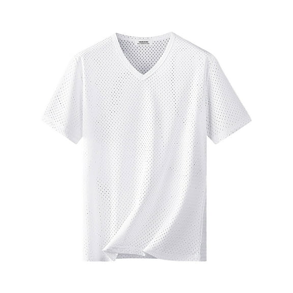 Aobny White Tops V-Neck Basic Oversized Short Sleeve T Shirts Plain Men Pullover Plus Size Graphic Tees,L