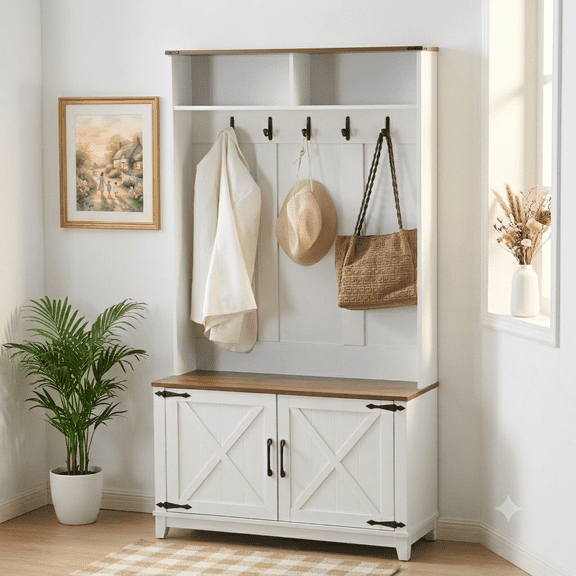 CANVORA 38" Rustic Farmhouse Hall Tree with Bench, 7 Hanging Hooks, Shoe Storage, 2 Open Cubbies, Adjustable Shelf & Sliding Barn Door, White and Brown