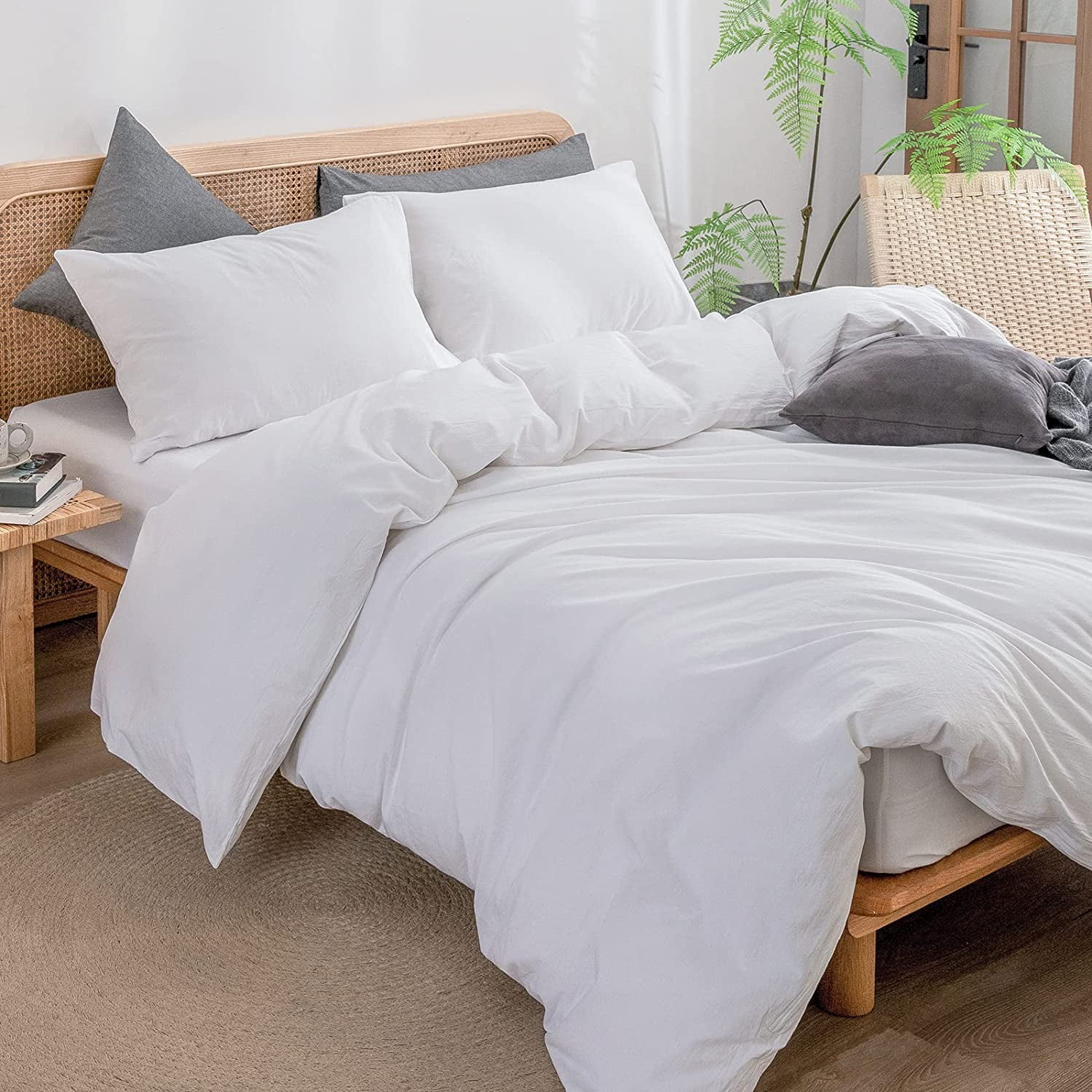 BESTOUCH Duvet Cover Set Full 100% Washed Cotton Linen Feel Soft Chic Lightweight 3Pcs (Bright White, 80"x90")