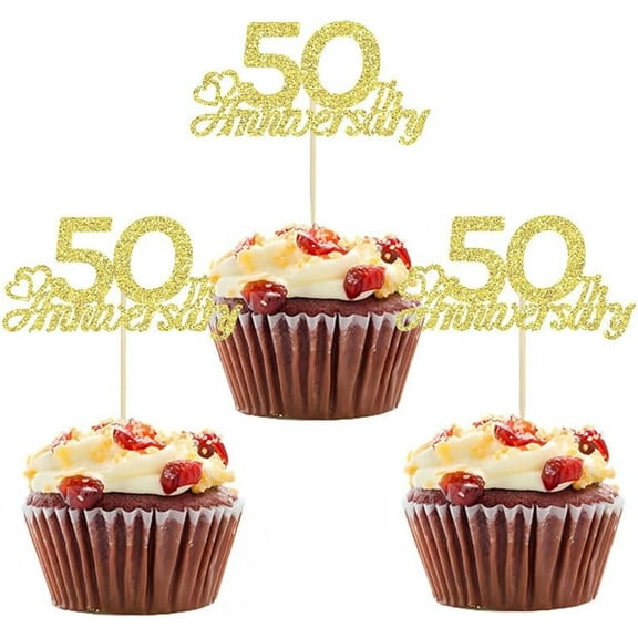 12pcs Gold Glitter 50th Anniversary CupCake Toppers - 50 Years Wedding Anniversary Happy 30th Birthday Cake Decorations for Cheers to Anniversary Party