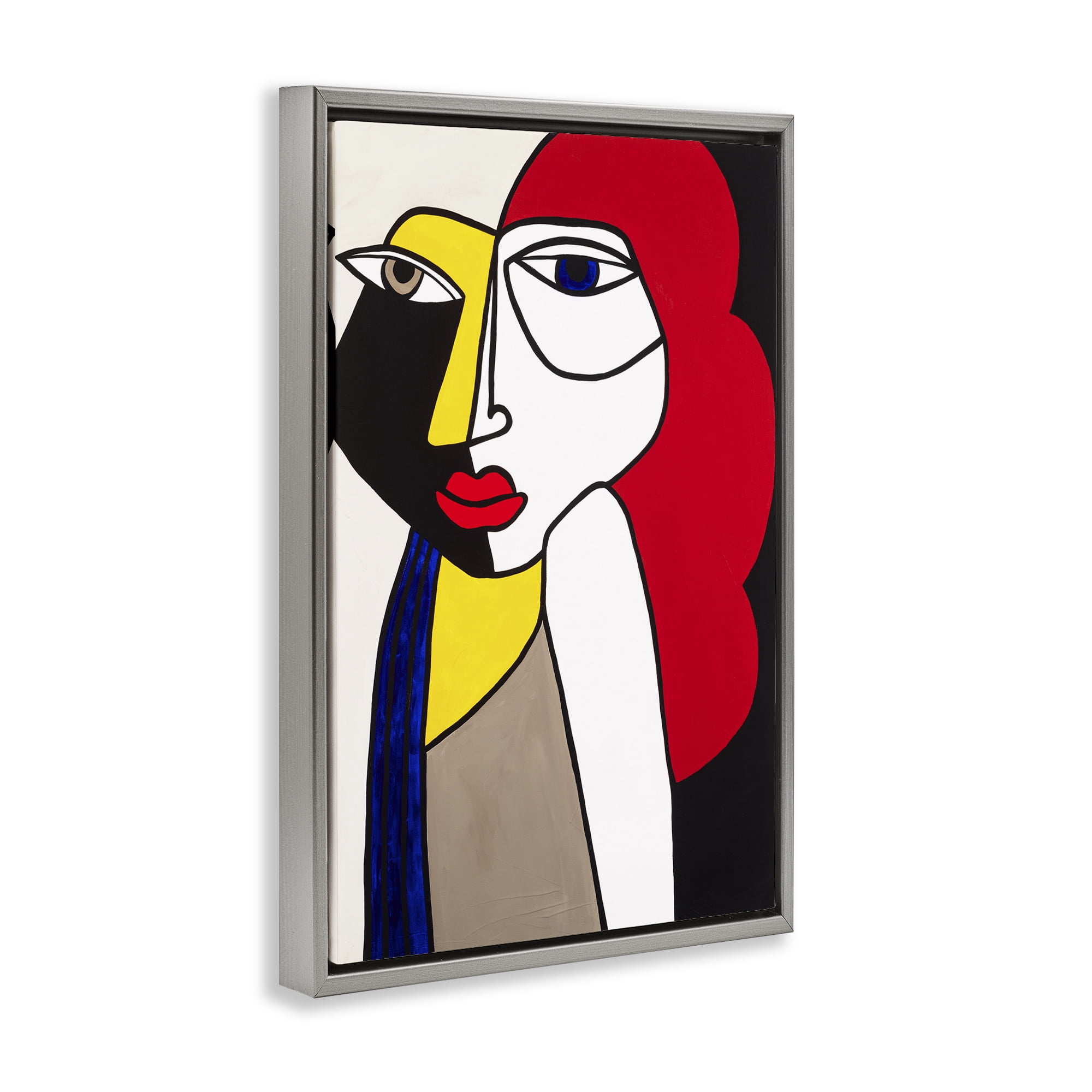 Stupell Industries Her Abstract Cubism Face People Painting Gray Floater Framed Canvas Art Print Wall Art, 21 x 31