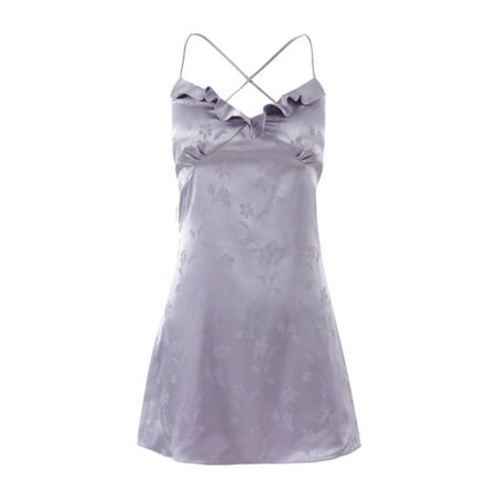 

Eyicmarn Women Satin Night Dress Ruffle Trim Sleeveless Floral Nightgowns Backless Sleep Dress Summer Sleepwear