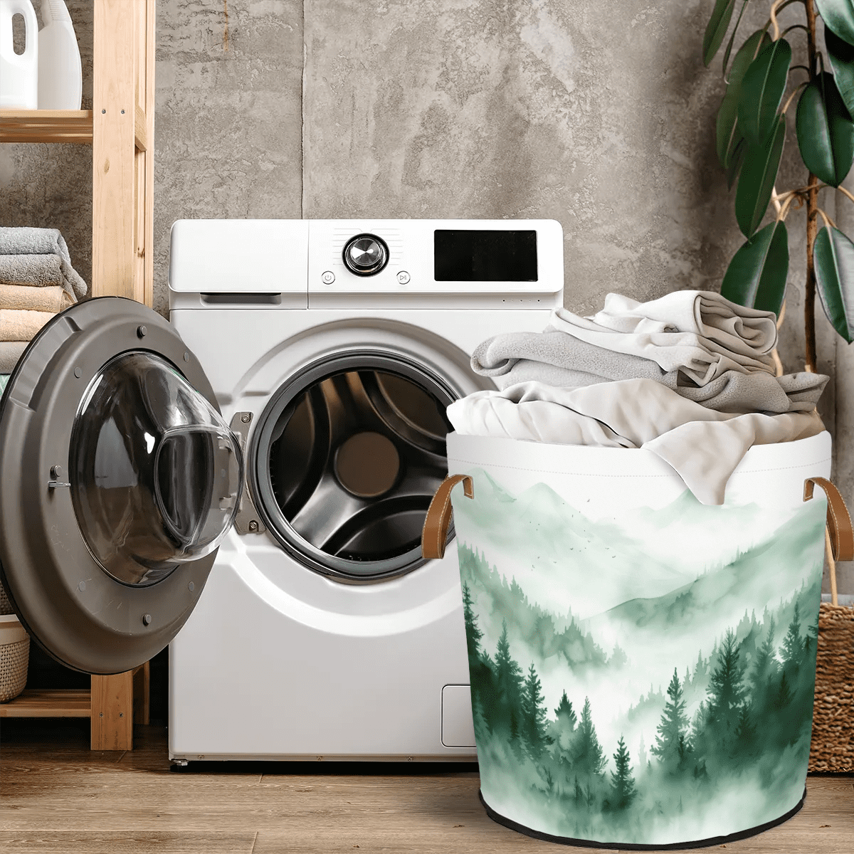 ADECORIVY Misty Forest Laundry Basket Mountain Waterproof Collapsible Hamper with Handles Oxford Cloth Dirty Clothes Tote for Bathroom, Bedroom, Living Room