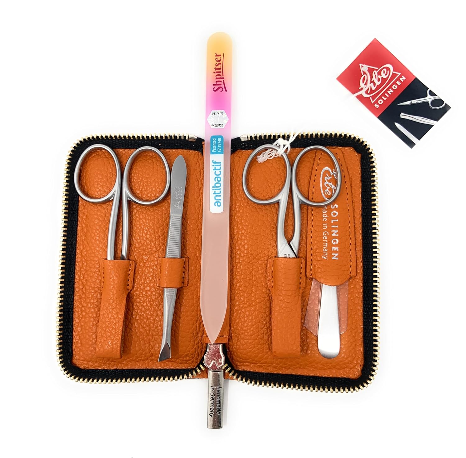 Erbe Solingen 4 pcs Surgical Stainless Steel German Manicure Set Grooming Kit In Luxury Genuine Leather Case Made in Solingen Germany With BONUS: SHPITSER Crystal glass Nail File