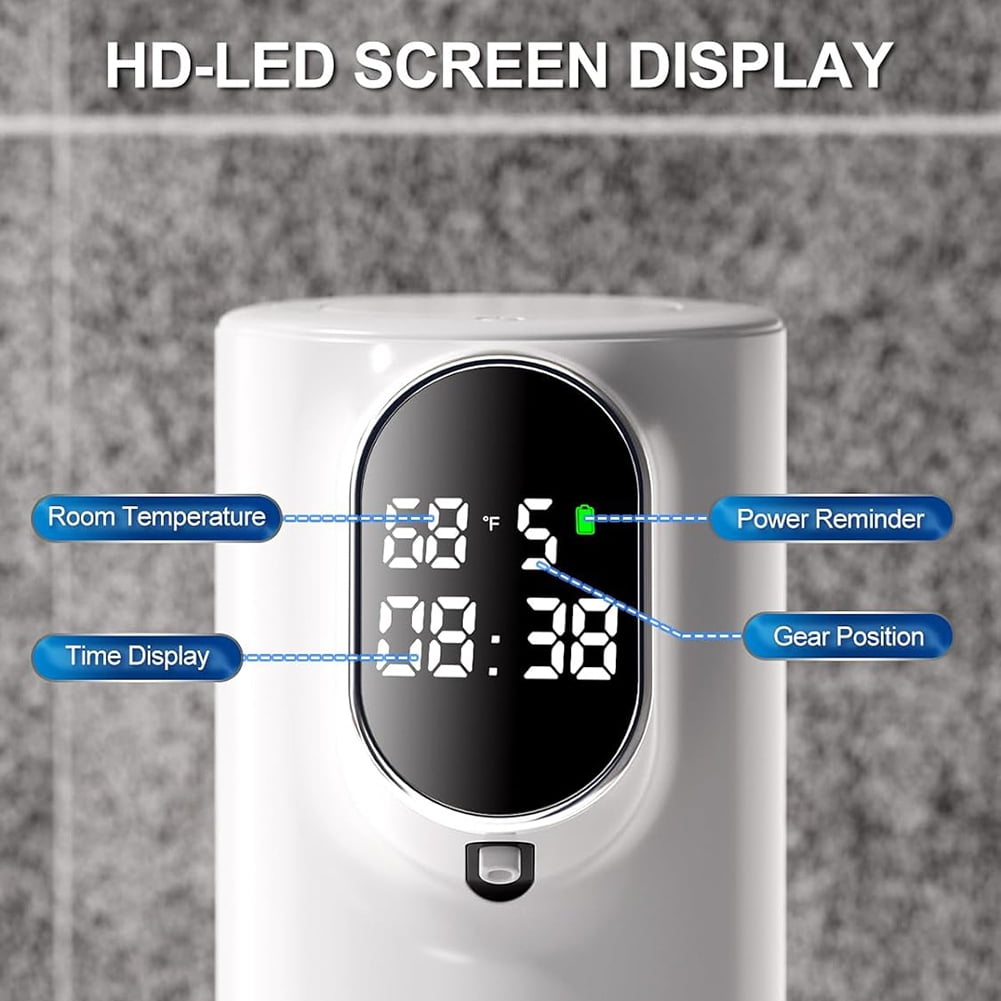 Automatic Soap Dispenser 5-Level Adjustment IPX6 Water- Foam Soap Dispenser LED Time and Temperature Display ABS White