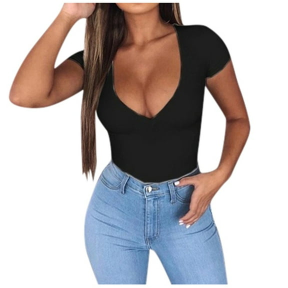DHFJKG Women's Summer Deep V Neck T Shirts Sexy Low Cut Short Sleeve Solid Color Tight Shirts Going Out Clubwear Cozy Tops
