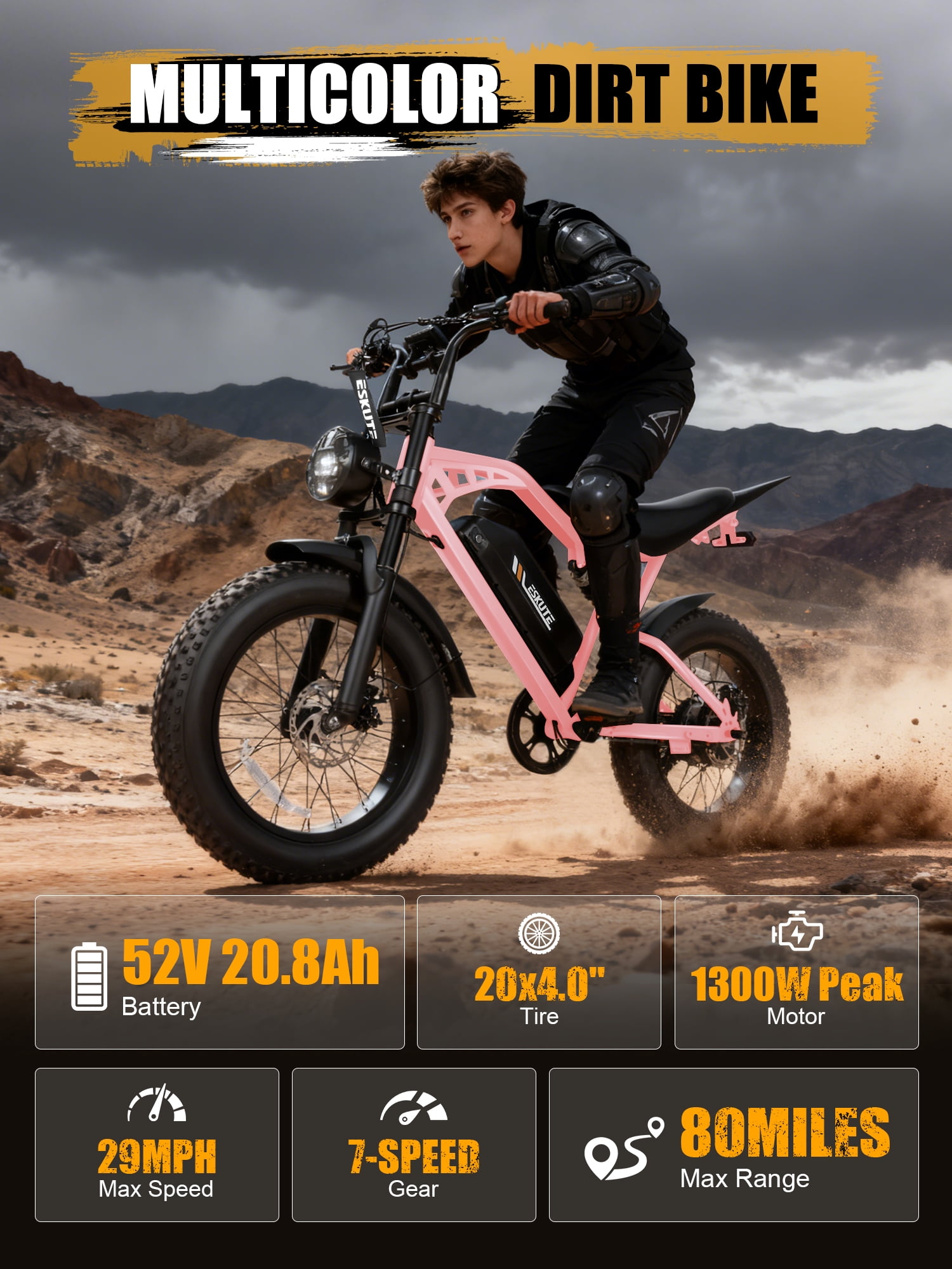 ESKUTE Electric Bike for Adults, 29MPH Dirt E-Bike, 48V 20.8Ah Battery, 20"x4.0" Fat Tires, 80-Mile Range, NFC Unlock, 7-Speed, Dual Suspension, Orange