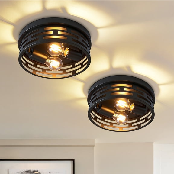 HKMGT Rustic 2-Light Flush Mount Ceiling Light, Matte Black Grid Pattern Frame, E26 Base, Round Close to Ceiling Light for Hallway, Entryway, Bedroom, Kitchen （2-Pack）