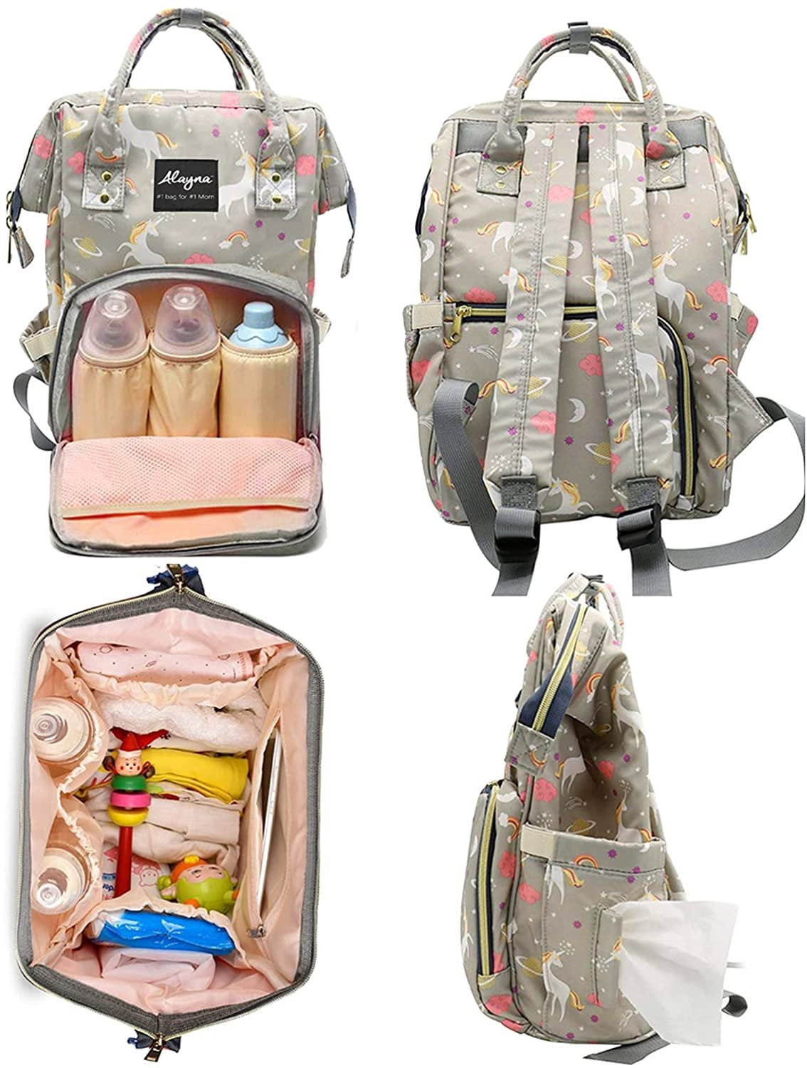 Diaper Bag Backpack Baby Bag Multifunction Maternity Travel Changing Pack Water Resistant Nappy Tote Grey Unicorn