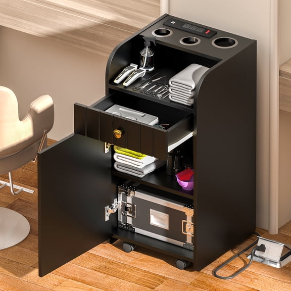 NAIYUFA Rolling Salon Station with Power Outlet, Black Barber Trolley Cart with 3 Tool Holders, Drawer, Storage Cabinet and Wheels for Salon, Spa and Home Studio