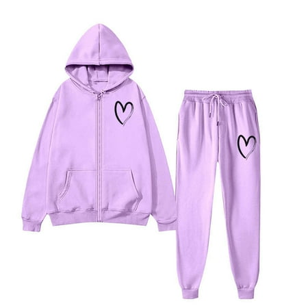 sususu Two Piece Lounge Set for Women Matching Set Winter Women s Velvet Heart Print Hooded Tracksuit Set Cozy Casual Loose Fit Two Piece Outfit with Pockets for Fall Season - Light Purple