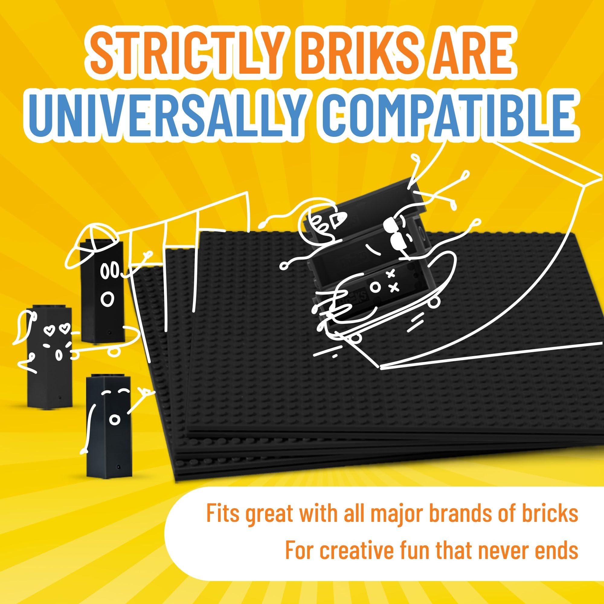 Classic Baseplates 10" x 10" Brik Tower by Strictly Briks | Major Brand Compatible | Building Bricks for Towers and More | 4 Black Stackable Base Plates & 30 Stackers