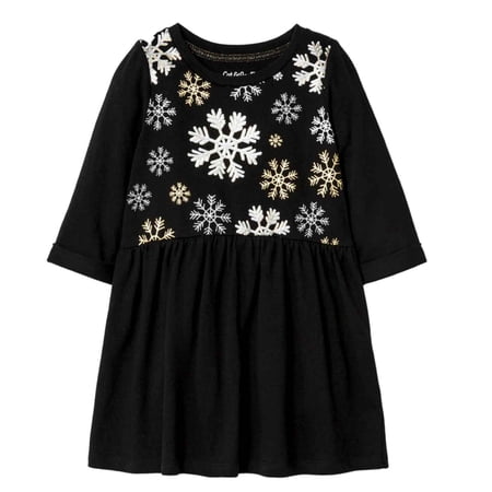 Cat & Jack Infant Toddler Girls Black Glitter Snowflake Long Sleeve Dress 2T