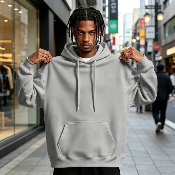 Mens Hooded Fashion Long Sleeve Hoodies Casual Drawstring with Pockets Pullover Sweatshirt for Men Light Gray L