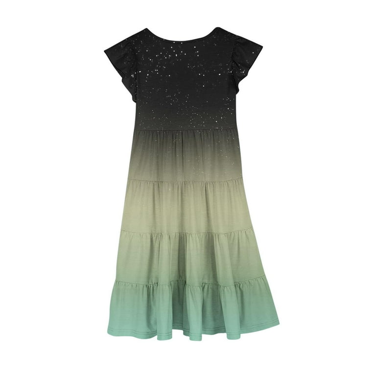 Girl's Summer Dresses Ruffle Sleeve Tiered Flowy Midi Casual Sundress,  Pleated Casual Gradient Printed Skater Dress Skater Loose Casual/Party Dresses  Green 8Y - Walmart.com