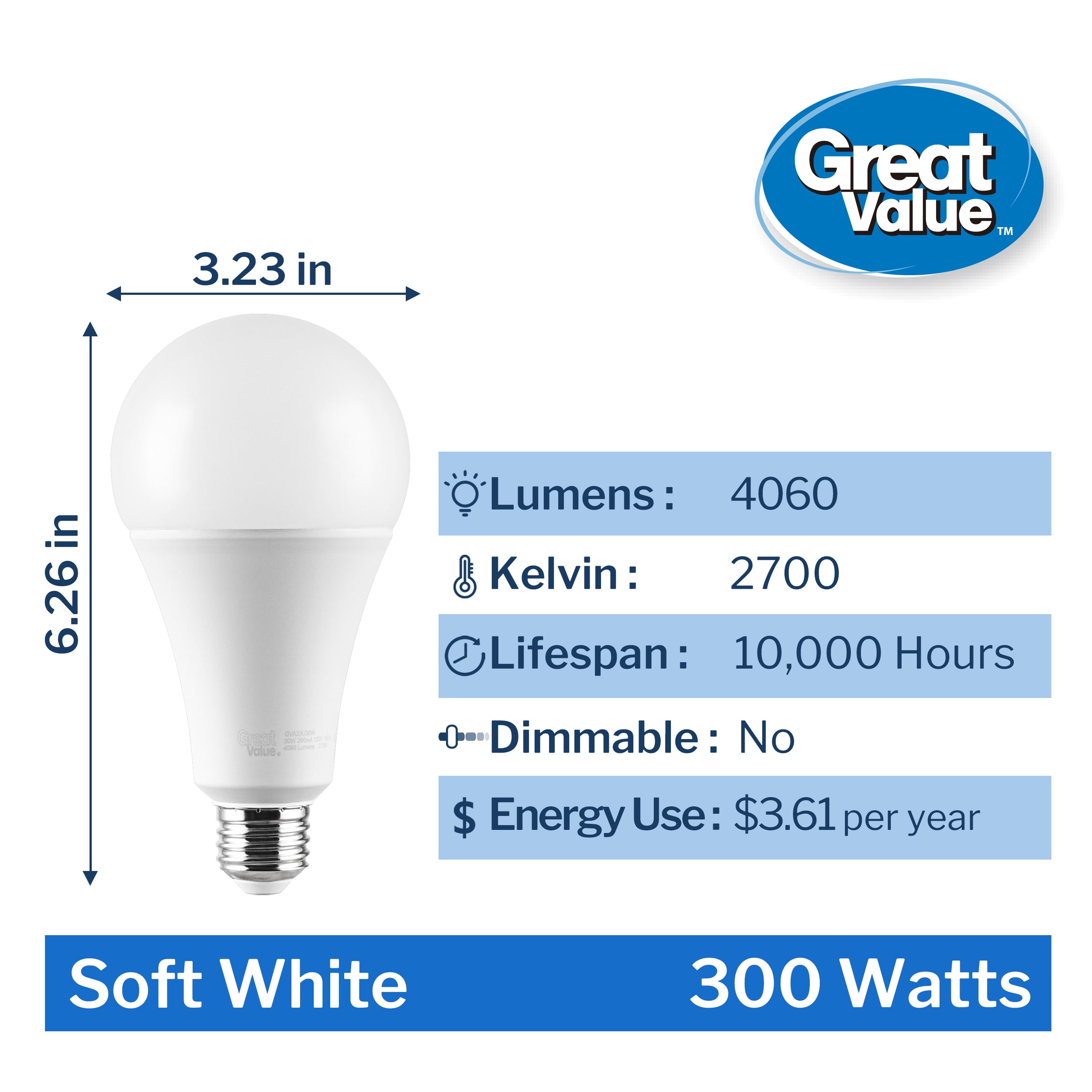 Great Value High Output A23 LED Light Bulb, 30-Watt (300W Equivalent), Soft White, E26 Medium Base