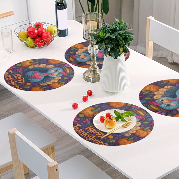 15.4 Inch Round Woven Placemats set of 4 for Dining Table Washable Heat Resistant Table Mats Non-Slip Washable Table Pad for Home Kitchen Decor Thanksgiving Turkey Design