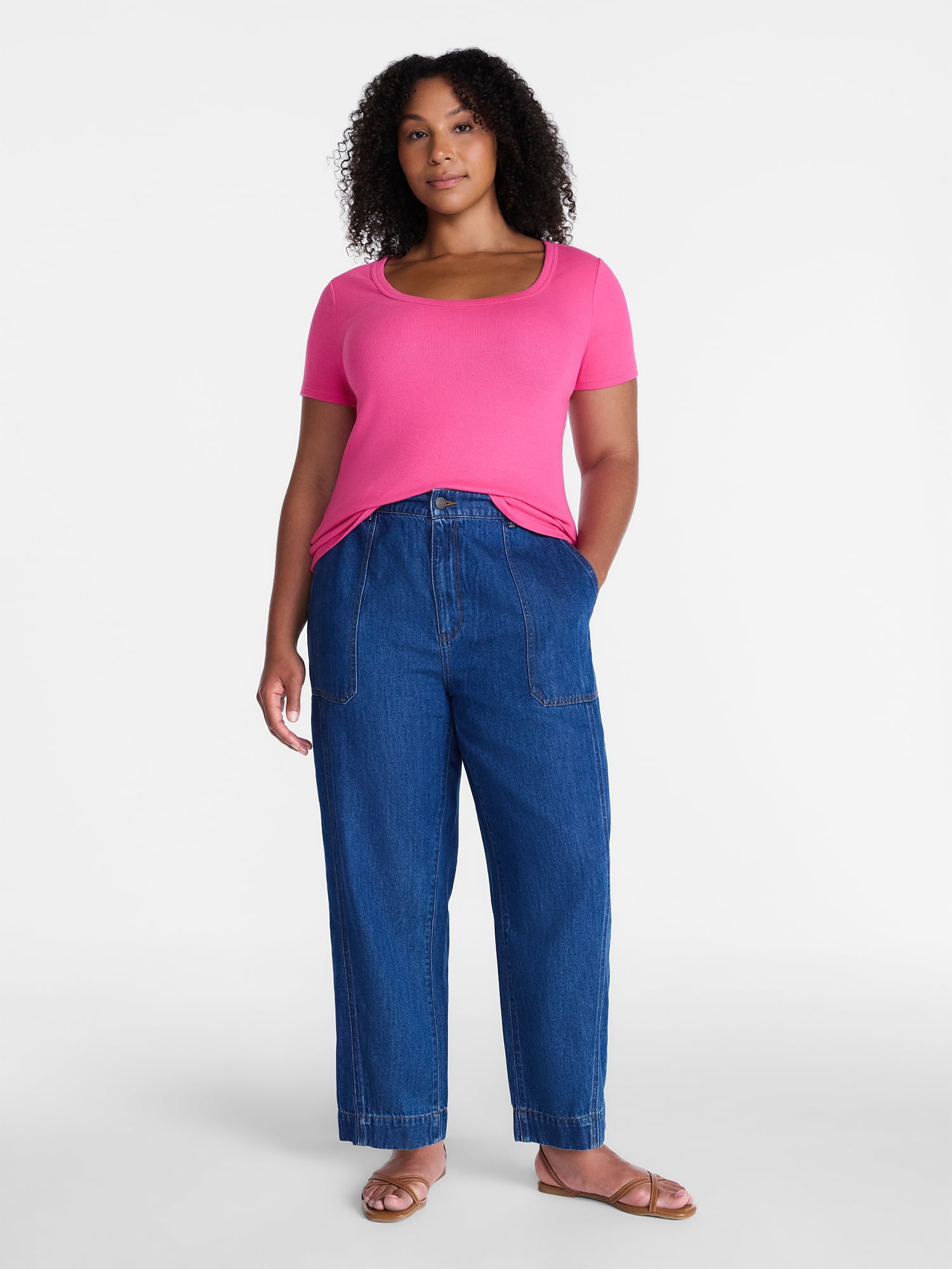 Time and Tru Women's High Rise Drapey Barrel Jeans, 28" Inseam, Sizes XS-XXXL