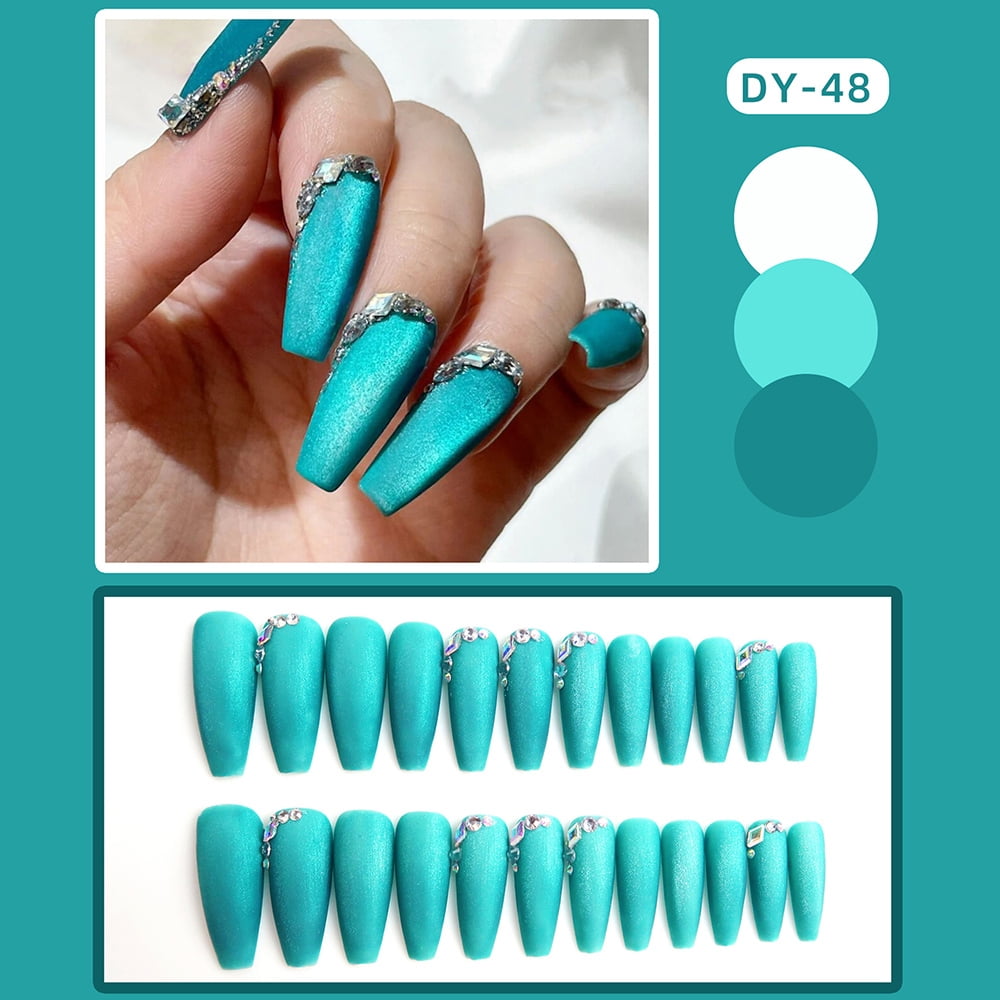24 PCS Fake Nail Sea Blue Long Lasting Nail with Rhinestones for Daily