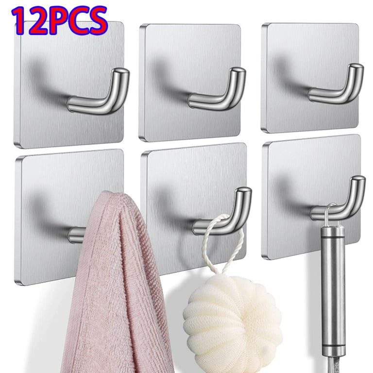 Skycarper 12PCS Heavy Duty Adhesive Wall Hooks, Stainless Steel Waterproof  Towel Coat Hooks Self Adhesive Kitchen Bathroom Adhesive Hanging Hook ( Silver) 
