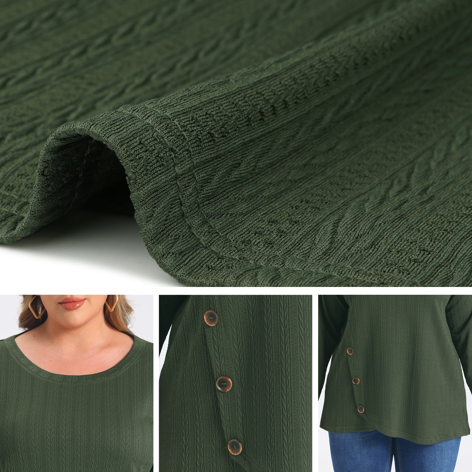 DARING DIVA Women's Plus Crew Neck Crossover Hem Long Sleeve 2X Army Green