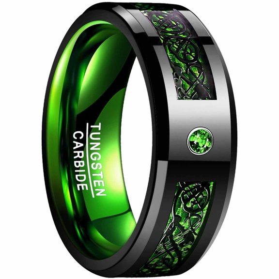 8 mm Wide Black Green Tungsten Steel Ring with Black Dragon Pattern Green Carbon Fiber Ring