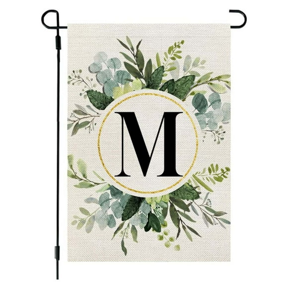 Spring Garden Flag, Ins Style Flax Hanging Flag with 26 Letters and Green Plant Printing for Courtyard Gate