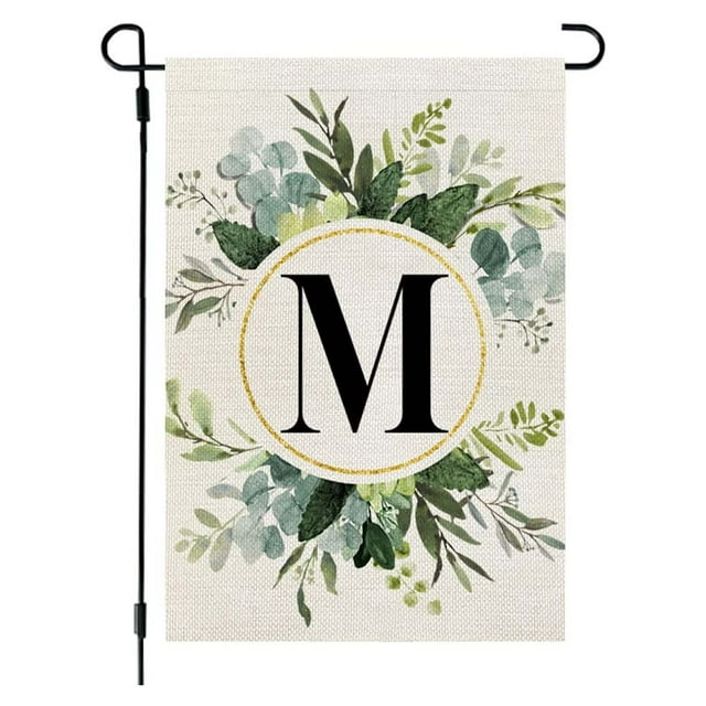 Garden Flags for Outside,Welcome Garden Flag Ins Style, 26 Letters+Green Plant Printing, Flax Garden Flag, First Letter of Surname, Hanging Flag at the Gate of Courtyard Spring Garden Flag