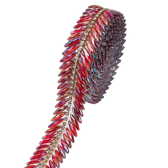2 Yards Rhinestone Ribbon 1 Inch Red Shiny Rhinestone Sewing Decorative Iron Ribbon Trim Chain Strips Roll for DIY Dress Bag Clothing Wedding
