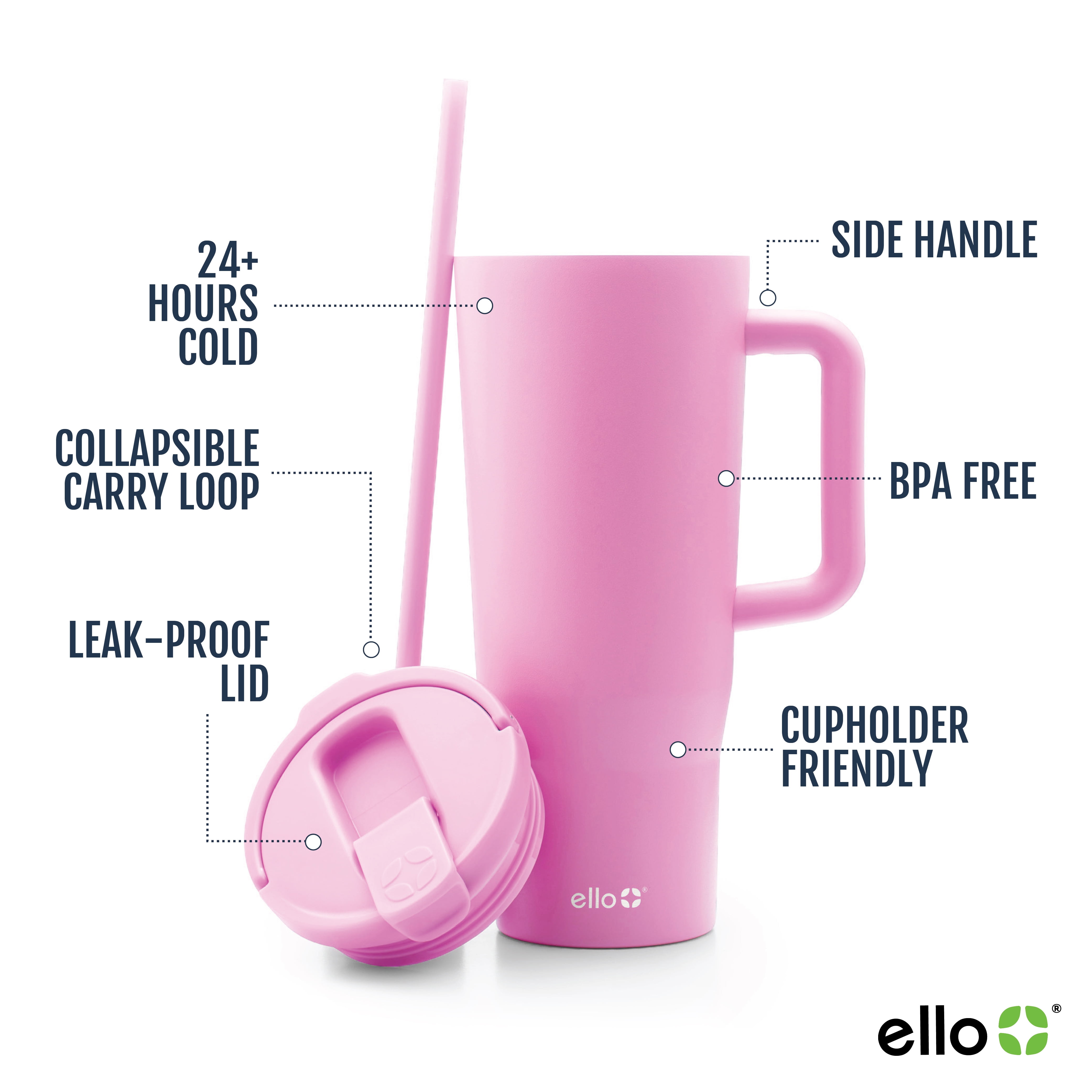 Ello Ultra Clean 40 oz Stainless Steel Tumbler with Handle, Pink
