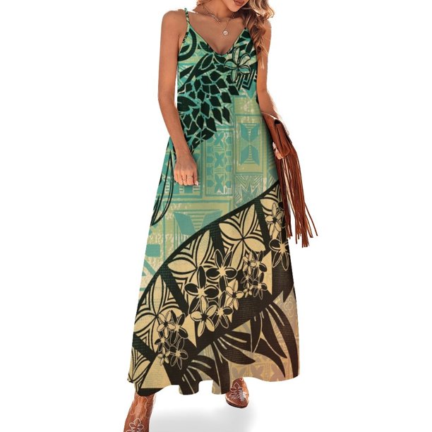 Vestido vintage samoano con hilos de tapa verde azulado, sin mangas, vestido de fiesta de lujo para mujer, vestidos de verano para mujer