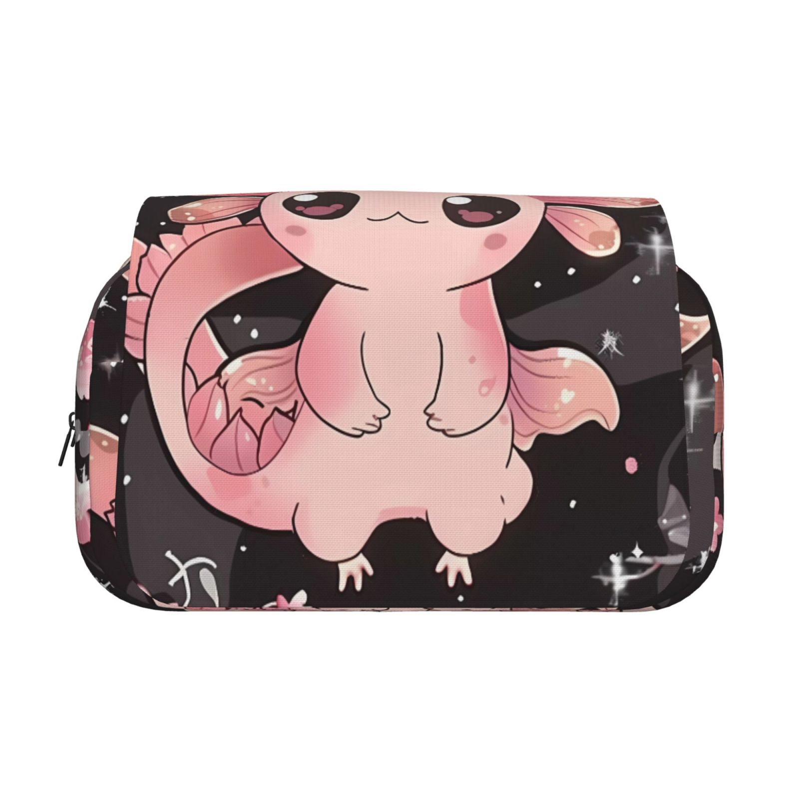 Rateoe Cute Axolotl Sakura Blossoms B Pattern Double Clamshell Pen Case, Storage Organizer with Two Zipper Compartments– Holds Up to 50 Pencils & Pens