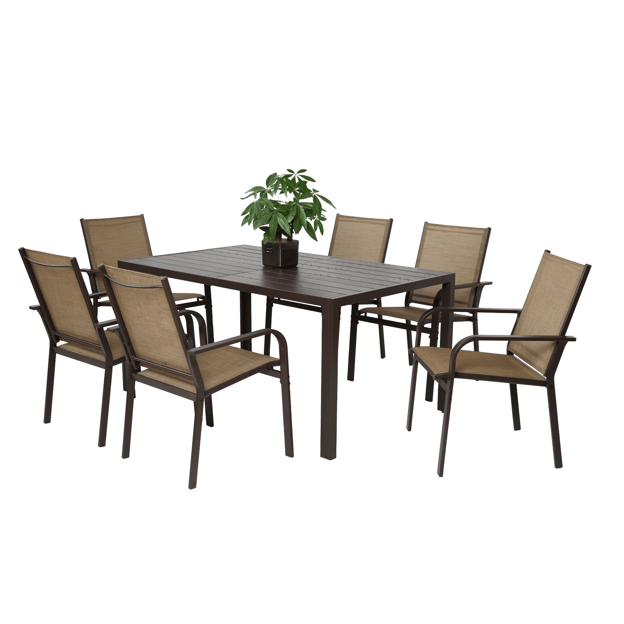 Leumius 7 Pieces Outdoor Patio Dining Set,Patio Dining Table Set for 6 Persons, Garden Textilene Dining Furniture Set with 6 Stackable Chairs,Patio Conversation Set for Garden Backyard Deck,Brown