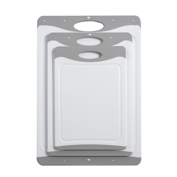 Mainstays 3-Piece Non-Slip Poly Cutting Boards, 50% Recycled PP, 16.9"x 11.8", 13.7" x 9.5", 11.4" x 7.9", White&Silver Color