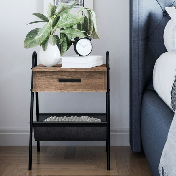 Nathan James Hugo Accent Table Or Nightstand Rustic Brown Oak Wood Table With Drawer Black Metal Frame Leather Hammock Walmart Com Walmart Com