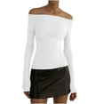 thumbnail image 1 of FAIWAD Women Off Shoulder Crop Tops Long Sleeve Slim Stretch Ruched Solid Color Pullover Tops, 1 of 5