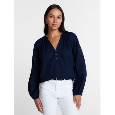 Time and Tru Women's Lace Insert Popover Full Sleeve Top, Sizes XS - XXXL