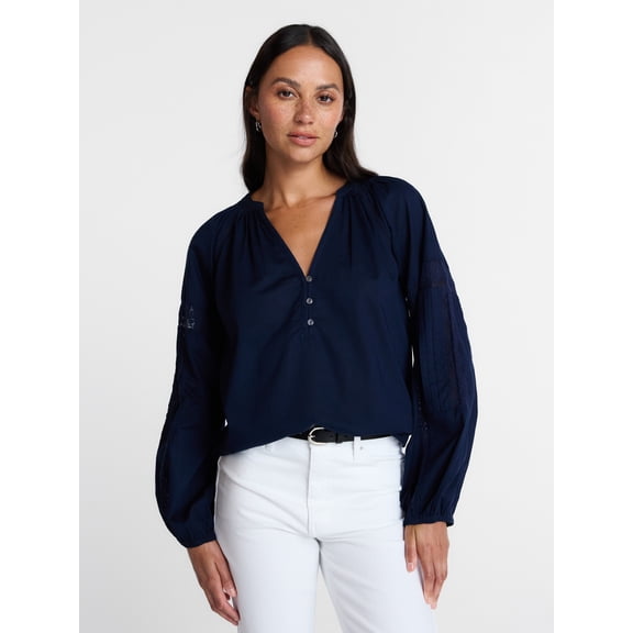 Time and Tru Women's Lace Insert Popover Full Sleeve Top, Sizes XS - XXXL