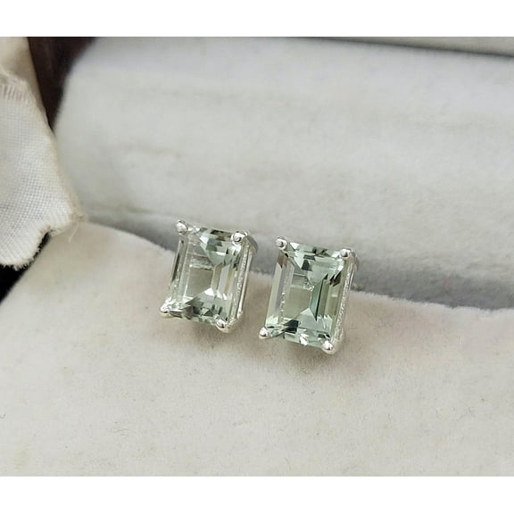Unique Women's Natural Green Amethyst-prasiolite Octagon Stud Earrings - 925 Solid Sterling Silver birthstone Earrings - Anniversary Gift - jewelry For women -