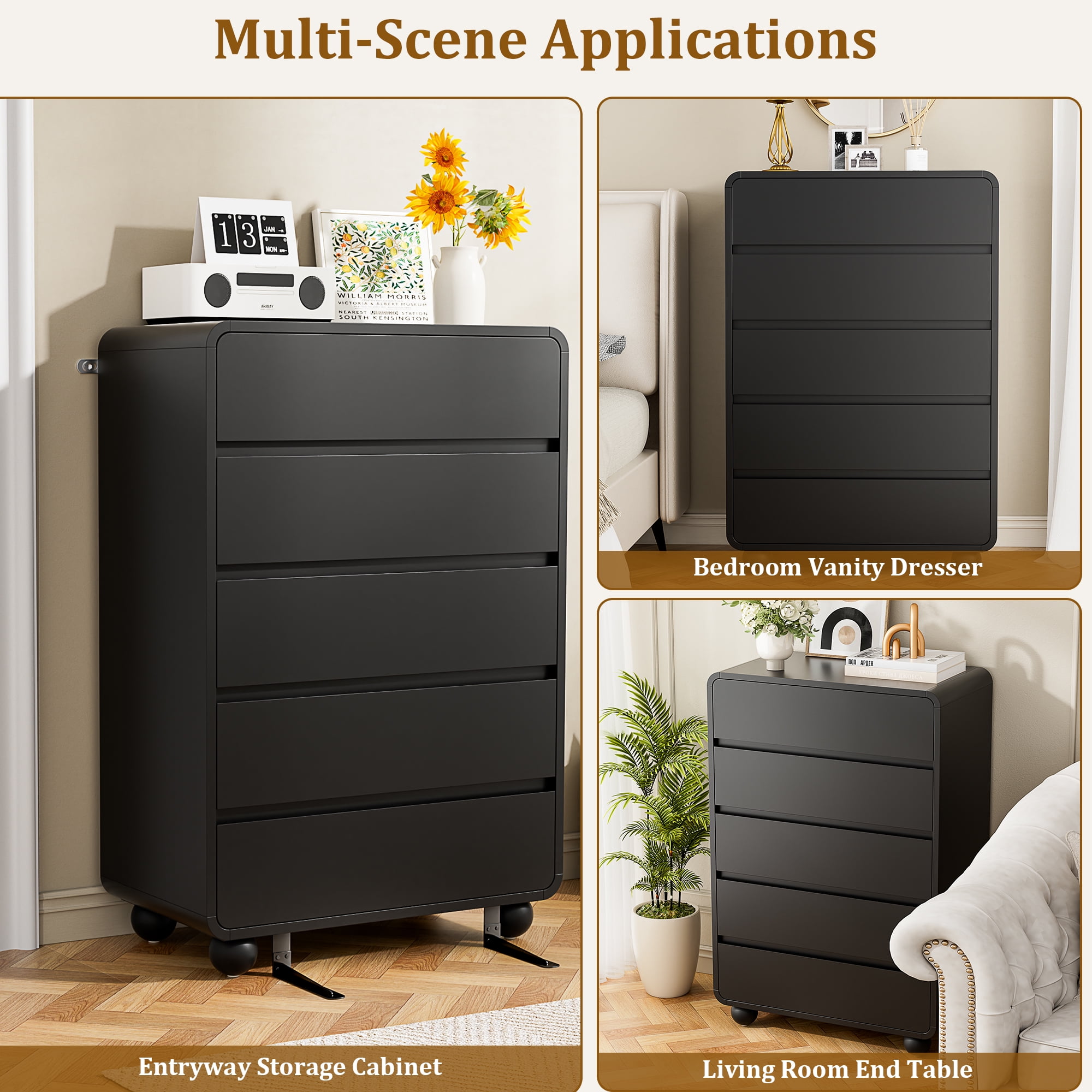Aufeile 41" Tall Dresser for Bedroom, 5 Drawer Modern Wood Dresser with Curved Profile, Chest of Drawers for Bedroom, Vertical Storage Cabinet for Living Room, Entryway, Black
