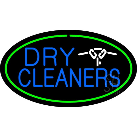 Blue Dry Cleaners Logo Oval Green LED Neon Sign 13 x 24 - inches, Black Square Cut Acrylic Backing, with Dimmer - Bright and Premium built indoor LED Neon Sign for Storefront.