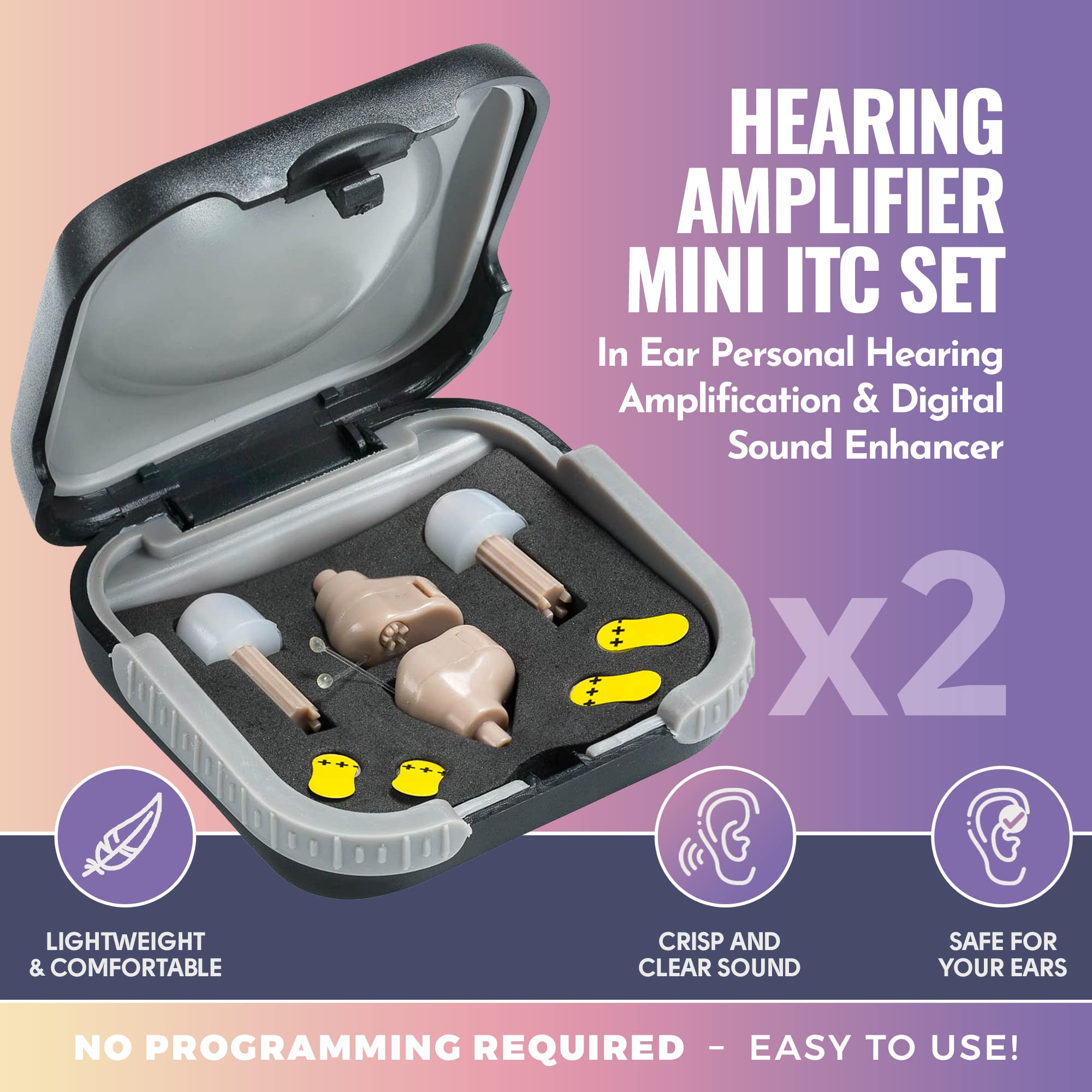 Hearing Amplifier Set - Mini ITC (in-The-Canal), 2 Pairs in Ear Personal Hearing Amplification and Digital Sound Enhancer PSAD Extra Small Upgraded Second Generation Design