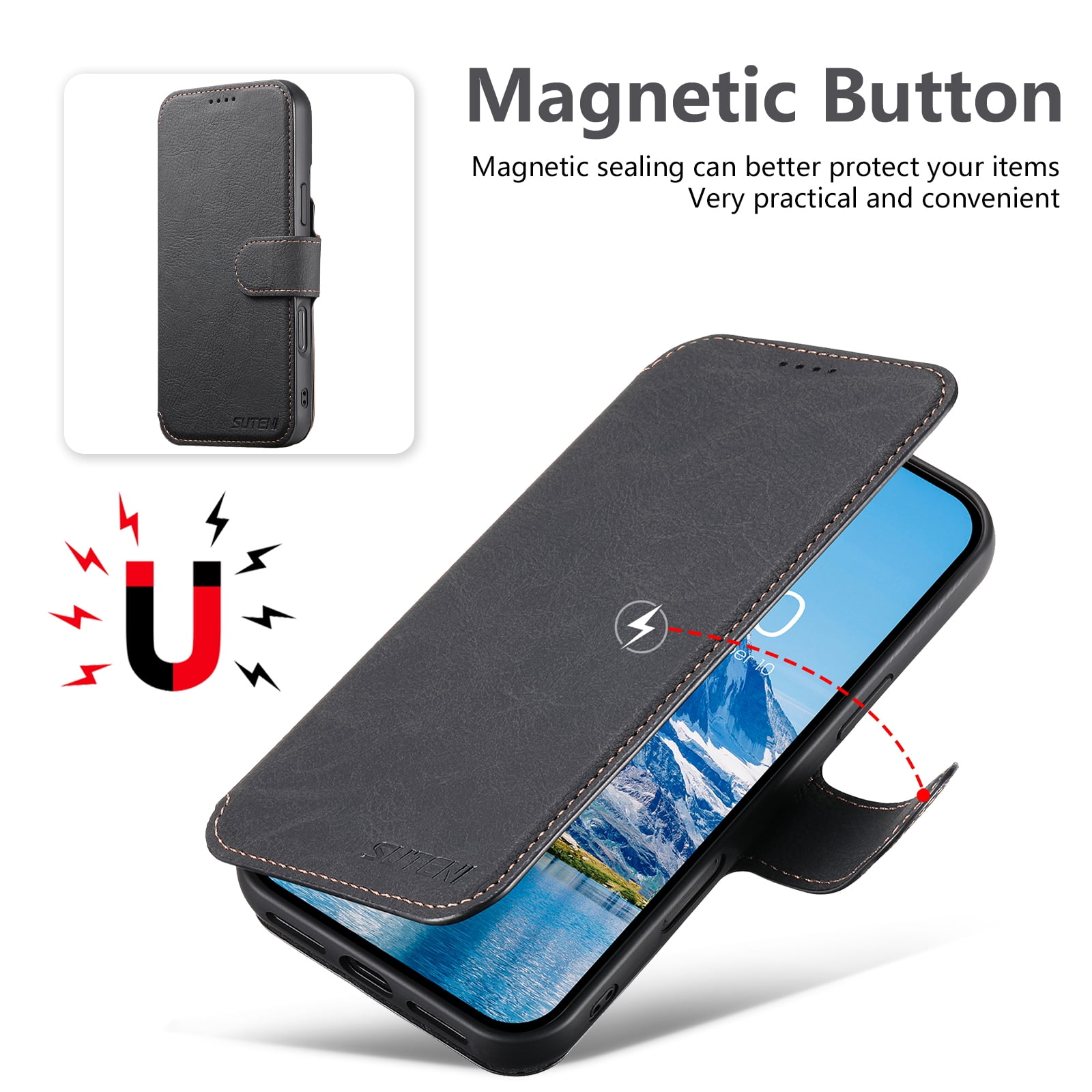For iPhone 15 Pro Max Wallet Phone Case,Magnetic Detachable PU Leather Flip Design,Compatible with Mag-Safe,With Card Slots,Kickstand,Magnetic Closure Shockproof Anti-Fall Rugged Phone Case,Black