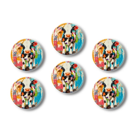 Glass Refrigerator Magnet 6Pcs Magnetic Fridge Sticker,Decor for Kitchen,Whiteboard,Cabinet,Artistic Young Cow With Floral Accents