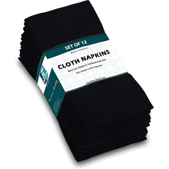 Excellent Deals Cloth Napkins (12 Pack, Black)- Fabric Napkins 18' x 18' - Poly Cotton Dinner Napkins- Reusable Restaurant Napkins-Table Napkins- Weddings Napkins.