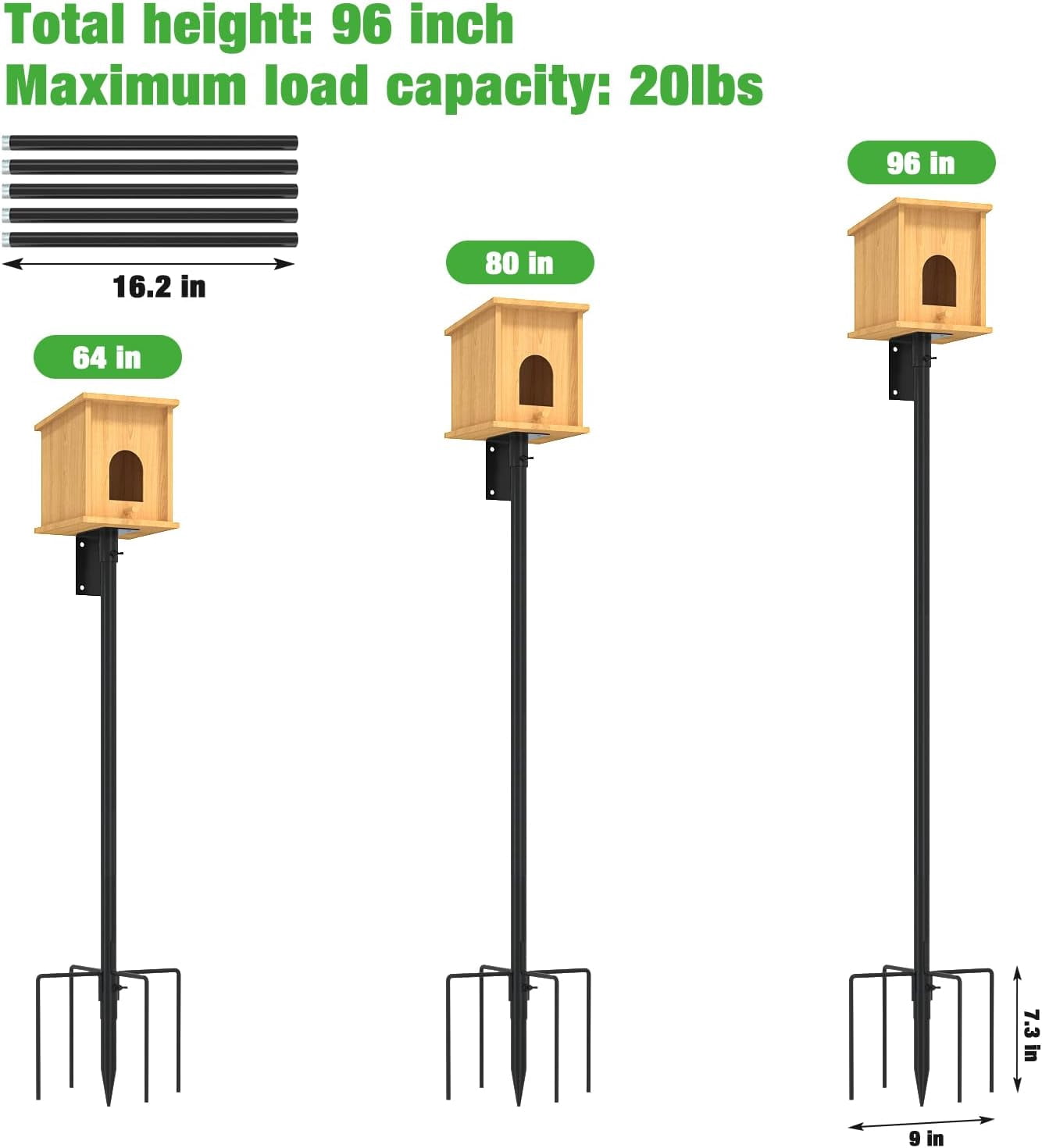 Bird House Pole Mount Kit 96 Inch - Adjustable Hummingbird Bird Feeder Post Support Rod Universal Stand Set with 5 Prongs for Outdoor, Yard, Garden Decor, Black