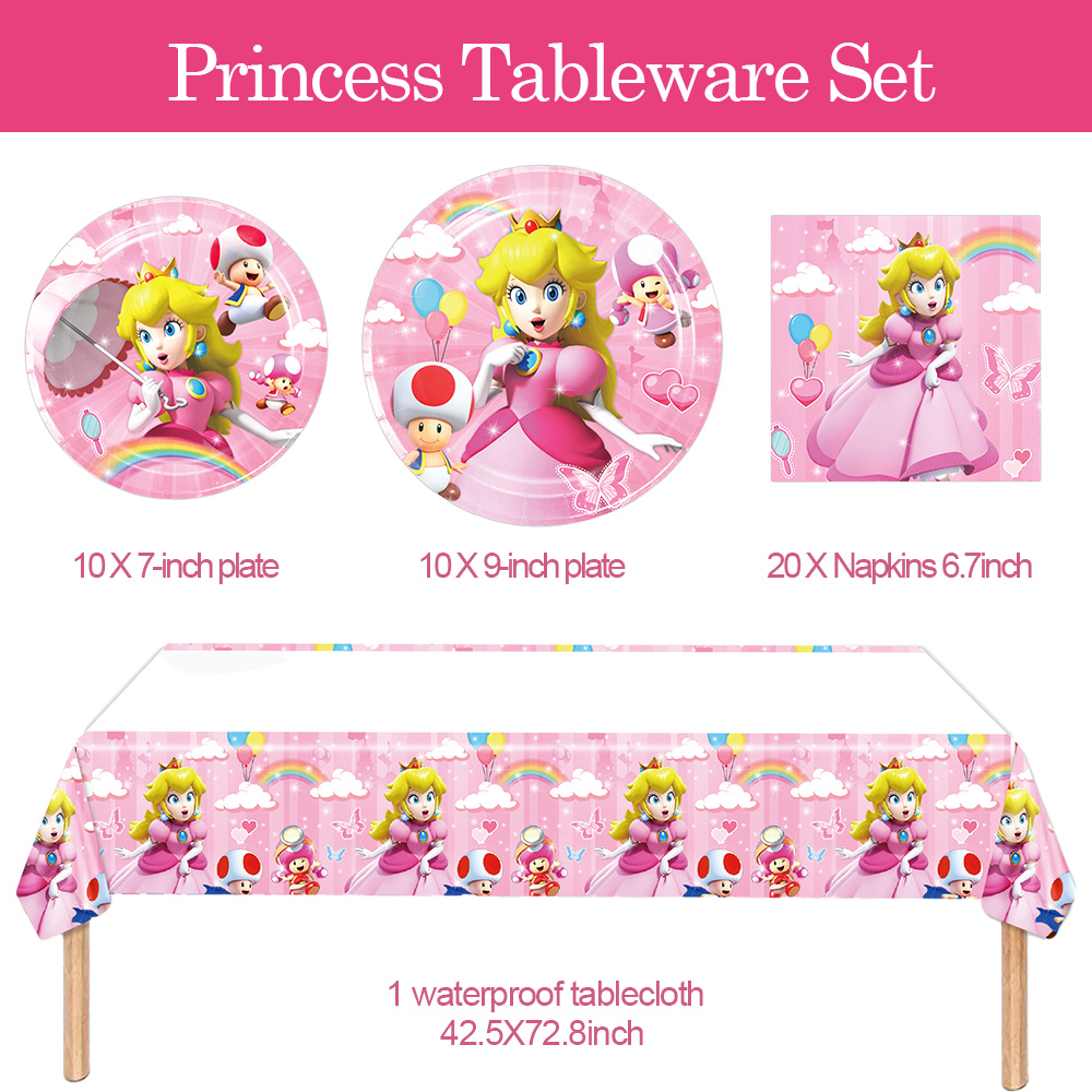 41Pcs Princess Peach Party Tableware Birthday Party Decorations Princess Themd Party Supplies Set  1 Tablecloth, 10 Plates 7",10 Plates 9", 20 Napkins for Girls Birthday Party Baby Shower - image 3 of 7
