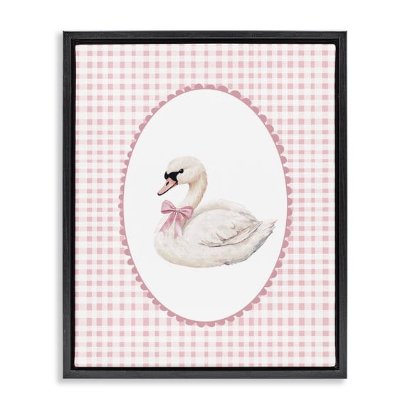 Gentle Swan on Pink Checkered Black Framed Floater Canvas Wall Art, design by Christine Simpson Art