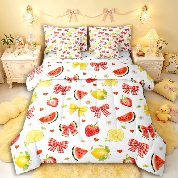 Manfei Girls Kawaii Red Watermelon Bow Twin Bedding Sets 7-Piece,Kids Teens Cute Fruit Lemon Strawberry Bedding Comforter Set,Super Cozy Room Decor